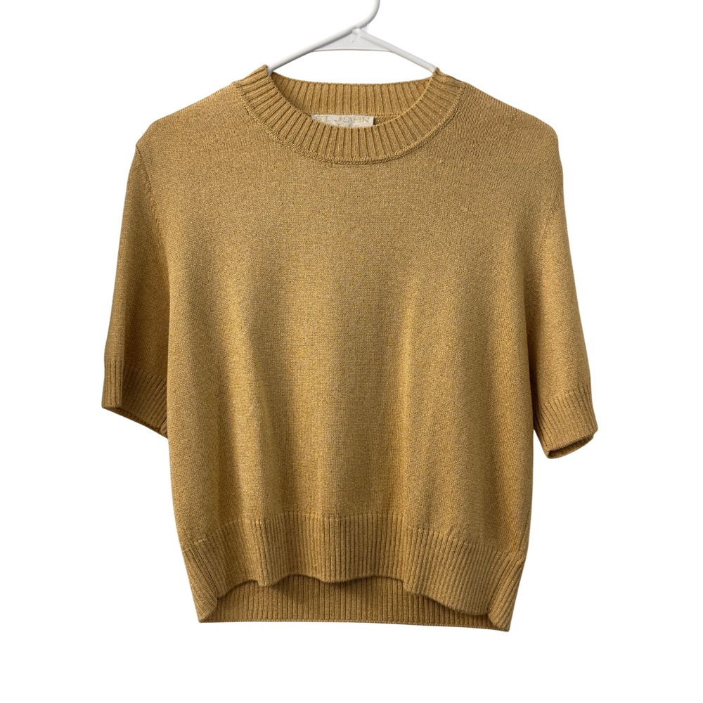 St John Gold Santana Metallic Knit Short Sleeve Crew Neck Sweater Top Size M